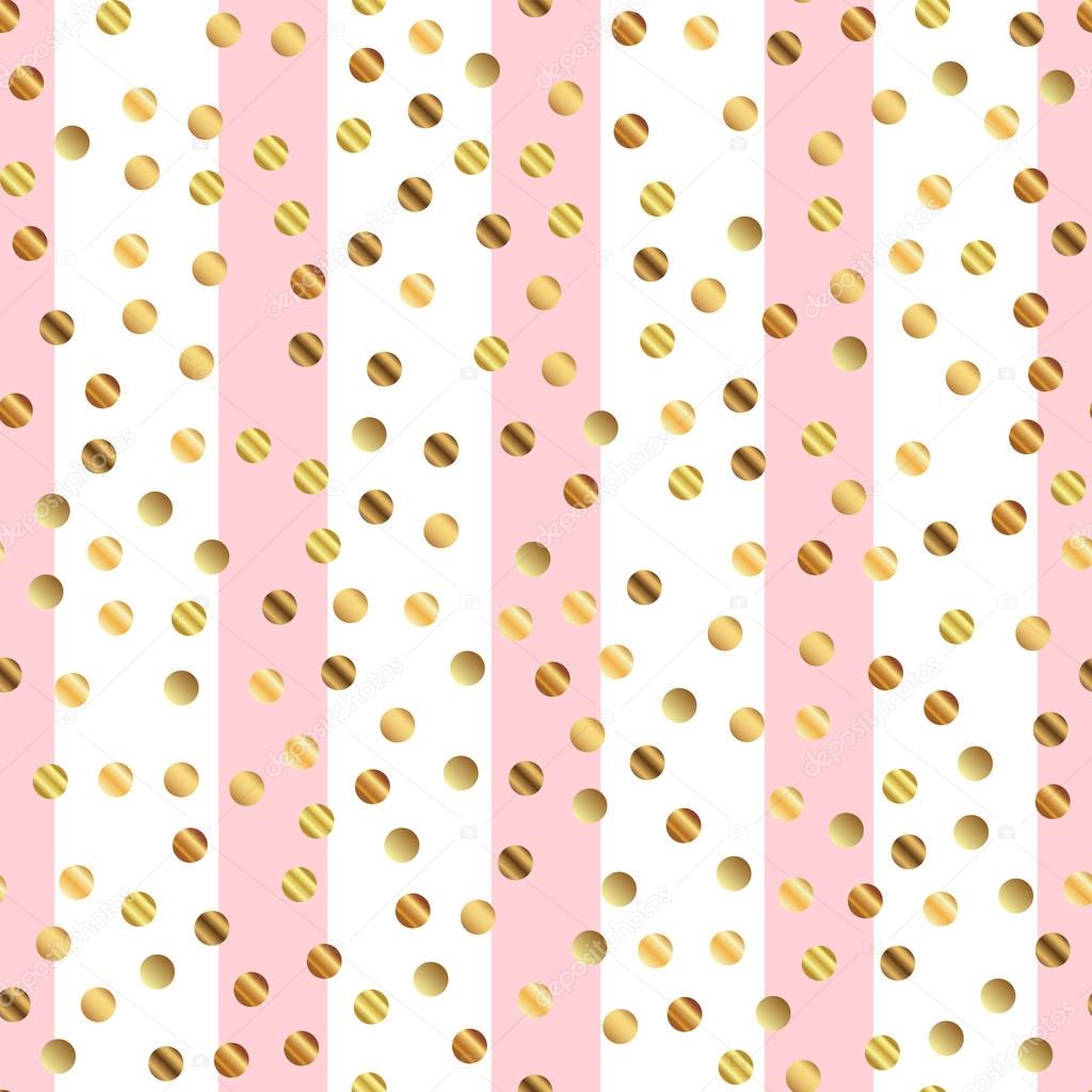 Golden dots seamless pattern on pink striped background Wondrous gradient golden dots endless