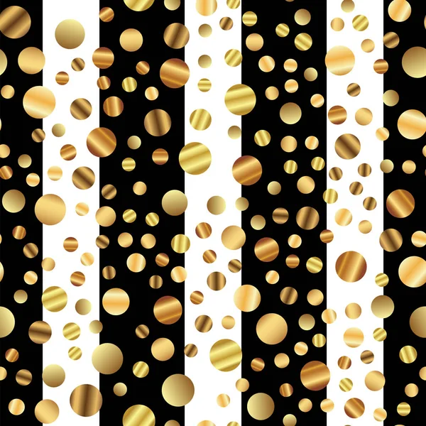 Patrón sin costuras de puntos dorados sobre fondo rayado blanco y negro Gradiente poco común puntos dorados — Vector de stock