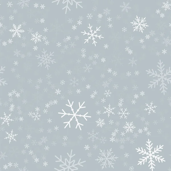 Blanco copos de nieve patrón sin costuras en gris claro fondo de Navidad Caótica dispersa blanco — Vector de stock