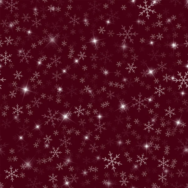 Copos de nieve transparente patrón sin costuras en el vino rojo fondo de Navidad Caótica dispersa — Vector de stock