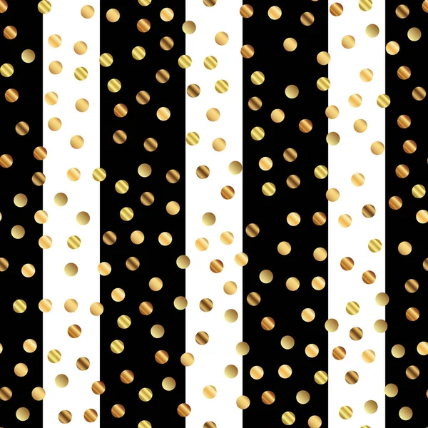 Золотые точки бесшовный узор на черно-белом полосатом фоне — стоковый вектор