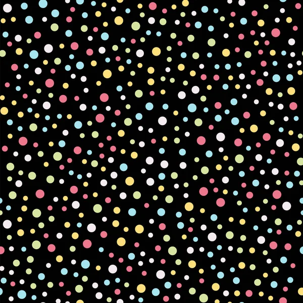 Kleurrijke polka dots naadloze patroon op zwart 4 achtergrond indrukwekkende klassieke kleurrijke polka dots — Stockvector