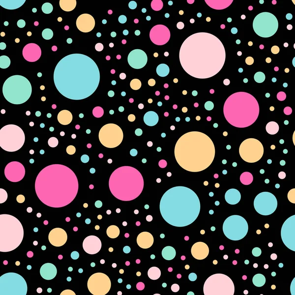 Kleurrijke polka dots naadloze patroon op zwart 3 achtergrond interessante klassieke kleurrijke polka dots — Stockvector