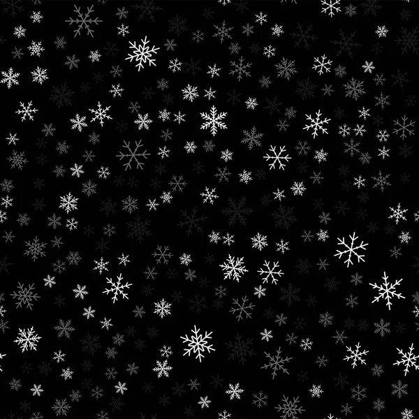 Beyaz kar taneleri beyaz kar taneleri seamless modeli siyah Noel arka planda kaotik dağınık — Stok Vektör