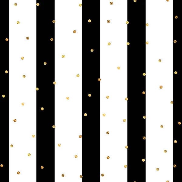 Golden dots seamless pattern on black and white striped background Shapely gradient golden dots — Stock Vector