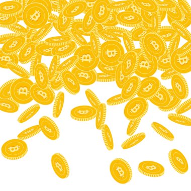 Bitcoin Internet para birimi düşen dağınık büyük Btc paralar beyaz arka planda inanılmaz paralar