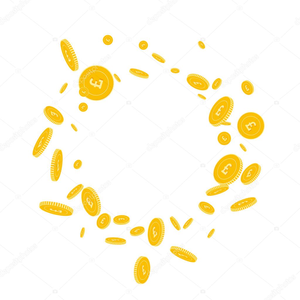 British pound coins falling Scattered disorderly GBP coins on white background Imaginative round