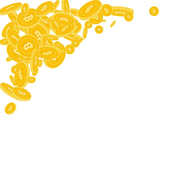 Bitcoin internet moedas de moeda caindo Espalhado flutuante moedas BTC sobre fundo branco Agradável — Vetor de Stock