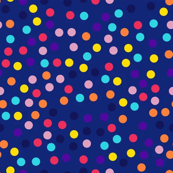 Memphis stijl polka dots naadloze patroon op donker blauwe achtergrond symmetrische moderne memphis polka — Stockvector