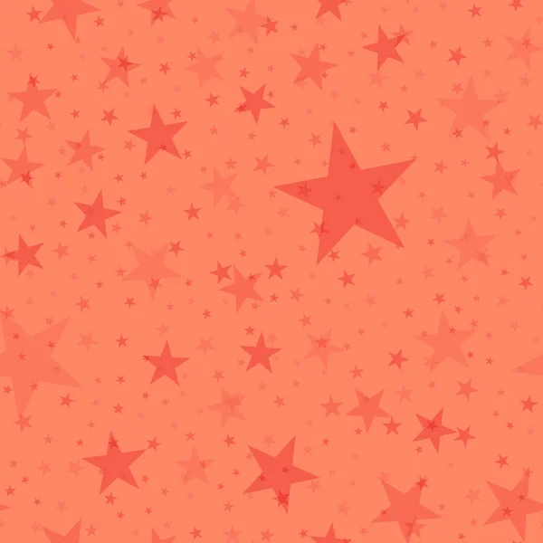 Estrellas rojas patrón sin costuras en el fondo de coral Impresionante infinitas estrellas rojas dispersas al azar — Archivo Imágenes Vectoriales