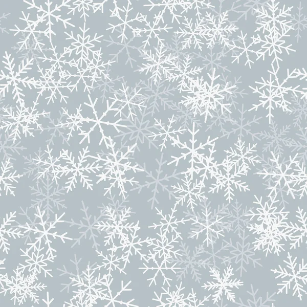 Blanco copos de nieve patrón sin costuras en gris claro fondo de Navidad Caótica dispersa blanco — Vector de stock