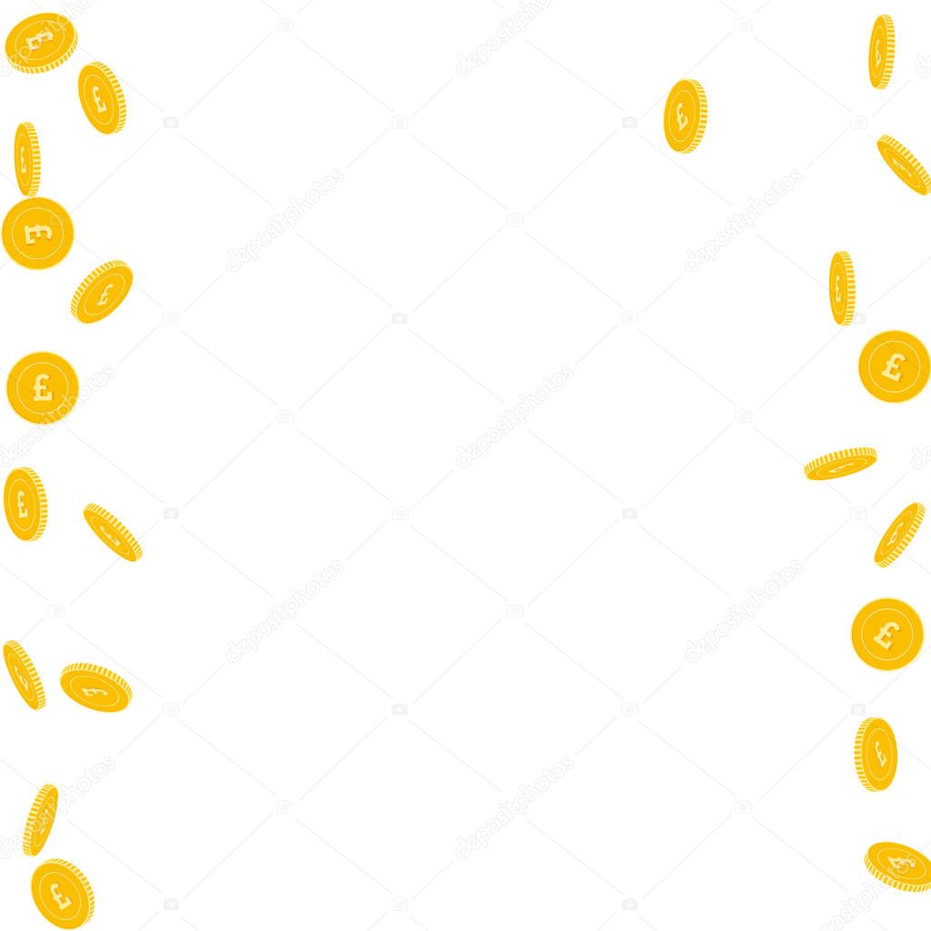British pound coins falling Scattered sparse GBP coins on white background Attractive messy border