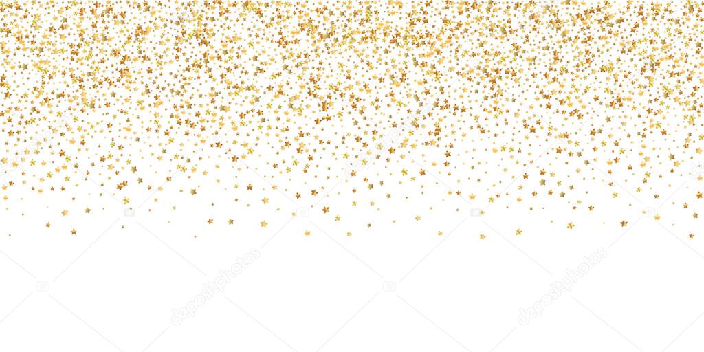 Gold stars luxury sparkling confetti. Scattered small gold particles on white background. Breathtaking festive overlay template. Exquisite vector illustration.
