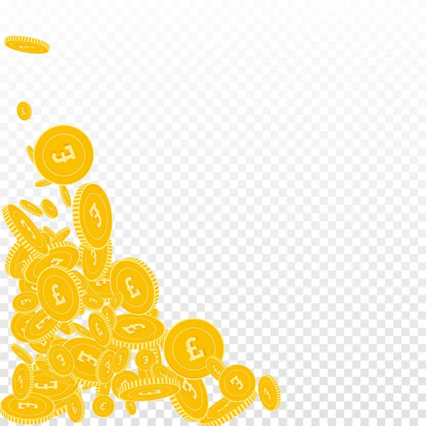British pound coins falling. Scattered floating GB — Stock Vector