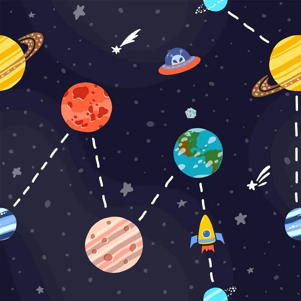 Kosmischer Stoff für Kinder. Helle, kindische Fliese. — Stockvektor