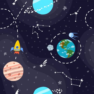 Gezegenli ve yıldızlı uzay deseni. Roket 