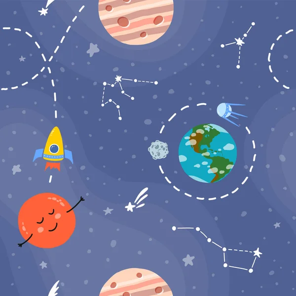 Patrón Galaxy estilo de dibujos animados. Brillante infantil — Archivo Imágenes Vectoriales