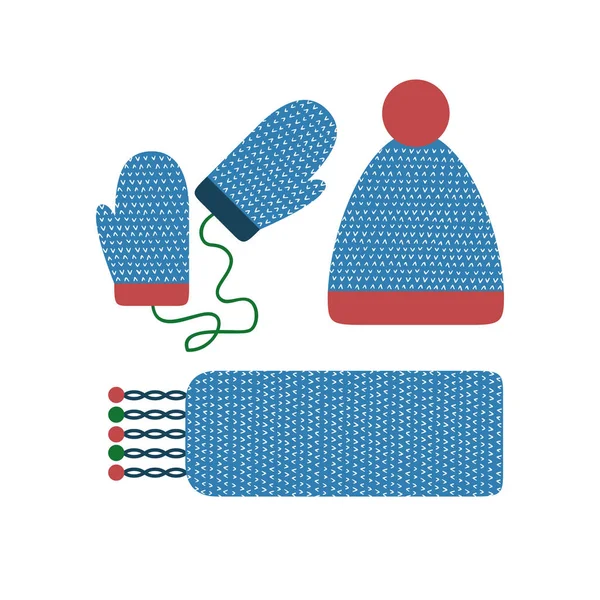 Zimowe ubrania zestaw. Ciepły sweter, odzież, akcesoria. Zima, rękawiczki, szalik, czapka, kapelusz, czapka. Tkaniny w niskich temperaturach. Ręcznie rysowane ilustracji wektorowych. Pojedyncze, białe tło — Wektor stockowy