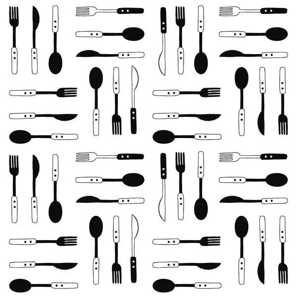 Cutlery pattern. Fork, knife, spoon vector background. Hand drawn doodle vector illustration. Black and white sketch cutlery — Stock Vector