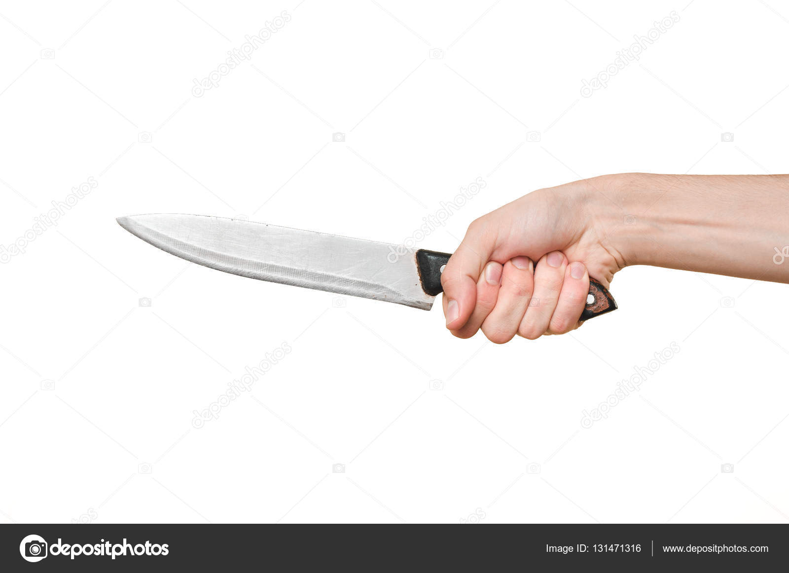 Male arm holding big knife in threatening position on wide white ...