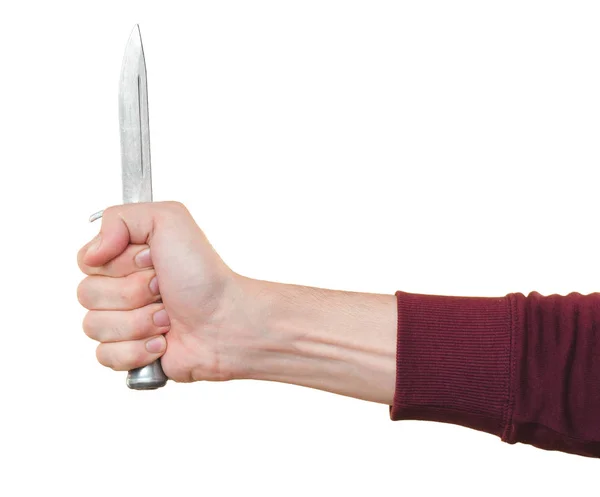 Threat from a man with a knife. A direct blow to the center. Hunting knife in his hand — Stock Photo, Image