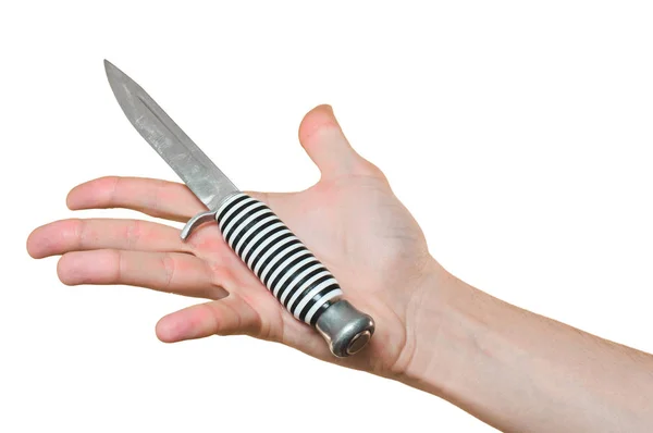 Demonstration knife hunter. Hunting knife in his hand. striped white and black — Stock Photo, Image