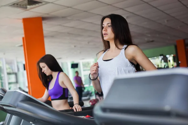 Dos hermosas mujeres corriendo en la cinta en el gimnasio. Bonita. — Foto de Stock