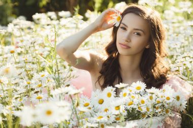 Güzel kadın papatya alanına yazın. Güzel kız wi