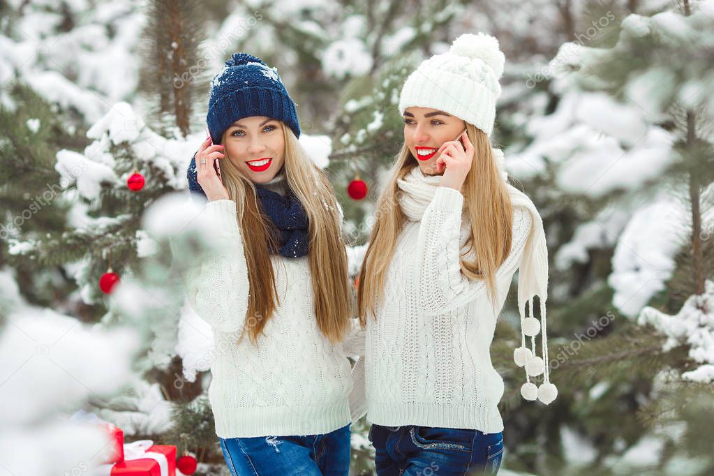 Beautiful girlfriends on the winter background