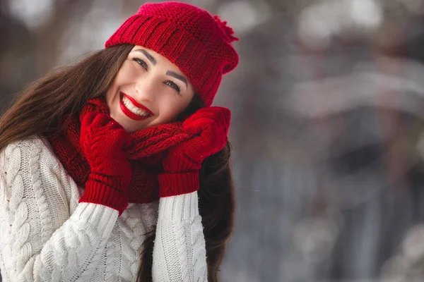 Porträt einer schönen Frau auf winterlichem Hintergrund. — Stockfoto