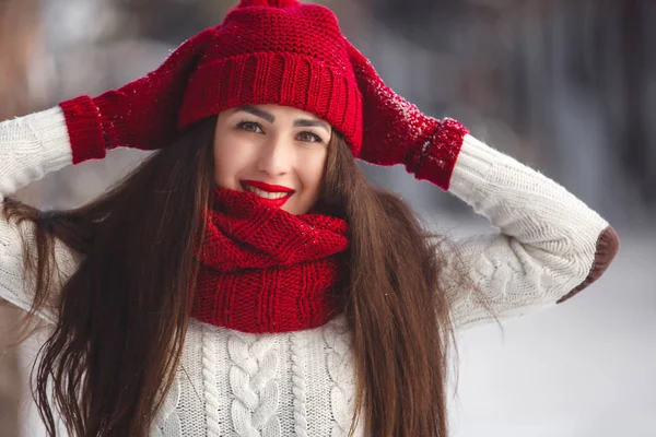 Portrait of a beautiful woman on a winter background. — Stock Photo, Image