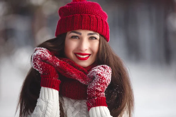Retrato de uma mulher bonita em um fundo de inverno. — Fotografia de Stock