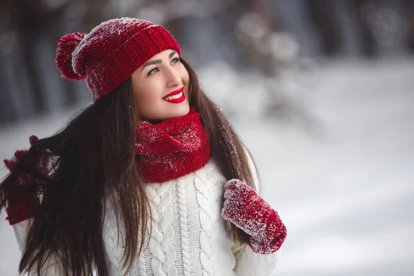 冬の背景に美しい女性の肖像画. — ストック写真