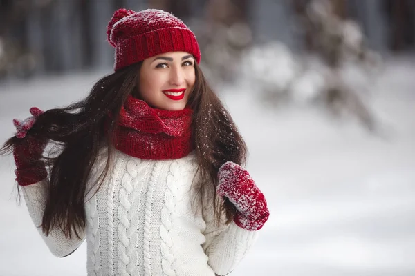 Портрет красивой женщины на зимнем фоне. — стоковое фото
