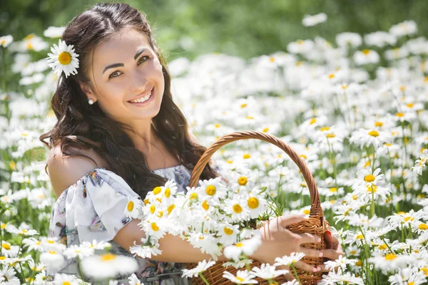 Giovane Donna Bruna Con Cesto Campo Camomilla — Foto Stock