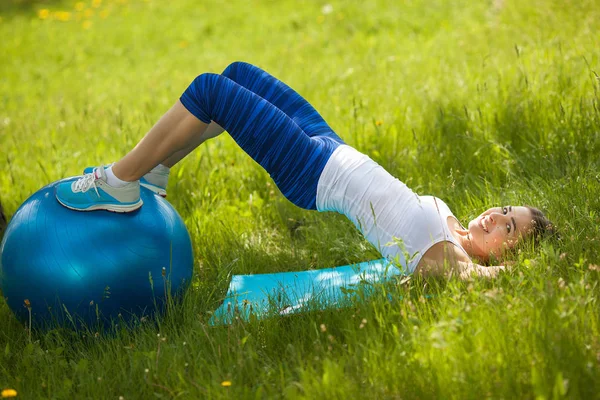 Young Woman Doing Workout Fitness Ball Green Park Royalty Free Stock Images