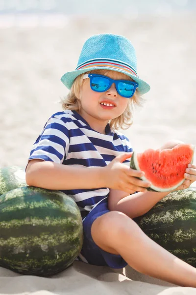 Boy Striped Shirt Sitting Sea Shore Eating Juicy Watermelon — Stock Photo, Image