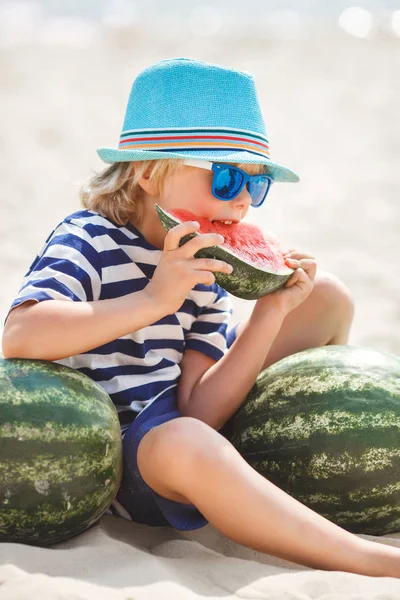 Boy Striped Shirt Sitting Sea Shore Eating Juicy Watermelon — Stock Photo, Image