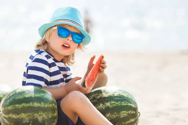 Boy Striped Shirt Sitting Sea Shore Eating Juicy Watermelon — Stock Photo, Image