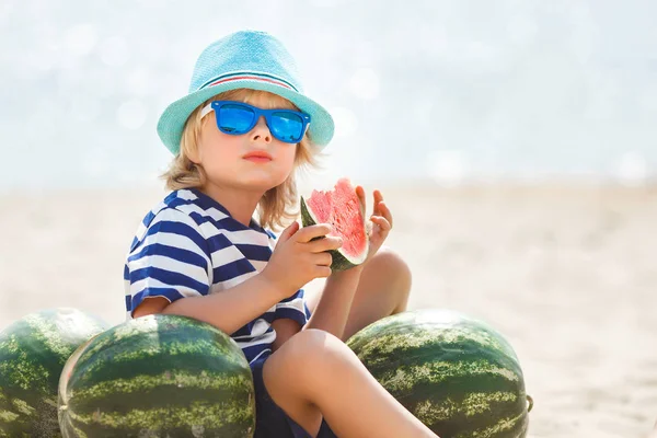 Boy Striped Shirt Sitting Sea Shore Eating Juicy Watermelon — Stock Photo, Image