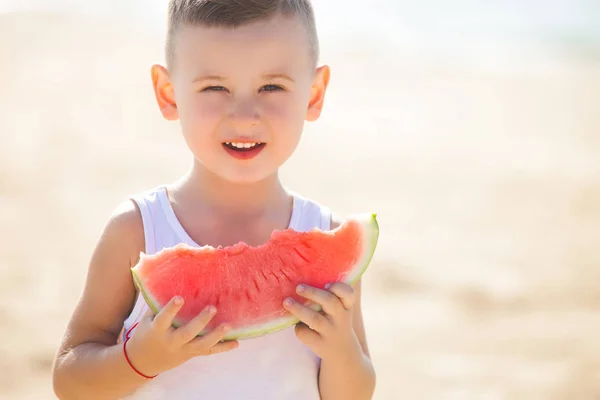Boy Eating Juicy Watermelon Beach — Stock Photo, Image