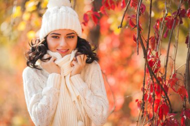 Sonbahar arka plan genç güzel kadın. Çekici genç kız açık havada portresi
