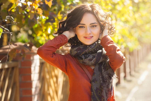 Mujer Hermosa Joven Fondo Otoño Retrato Chica Joven Atractiva Aire —  Fotos de Stock