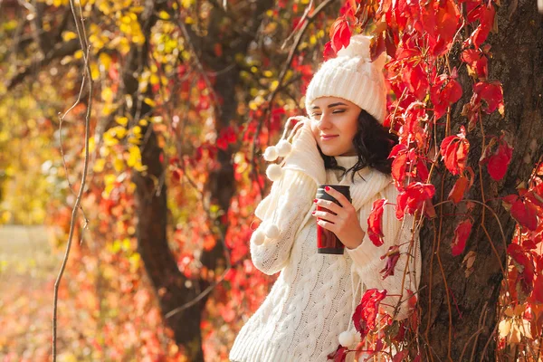 Joven Mujer Hermosa Con Taza Café Fondo Otoño Retrato Chica — Foto de Stock