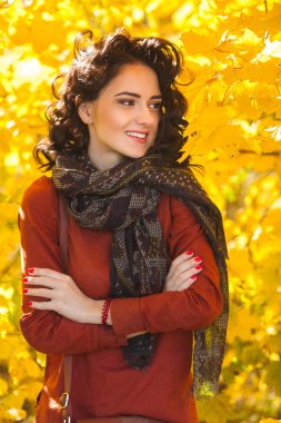 Sonbahar arka plan genç güzel kadın. Çekici genç kız açık havada portresi