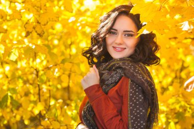 Sonbahar arka plan genç güzel kadın. Çekici genç kız açık havada portresi