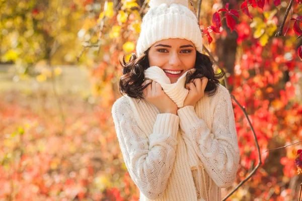 Mooie Jongedame Bij Herfst Achtergrond Portret Van Aantrekkelijke Jong Meisje — Stockfoto