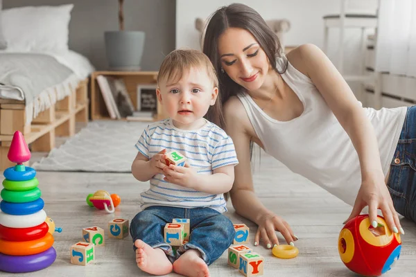 Young Pretty Mother Playing Her Little Son Cheerful Family Having — Stock Photo, Image