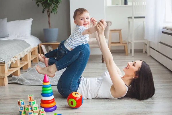 Young Pretty Mother Playing Her Little Son Cheerful Family Having — Stock Photo, Image