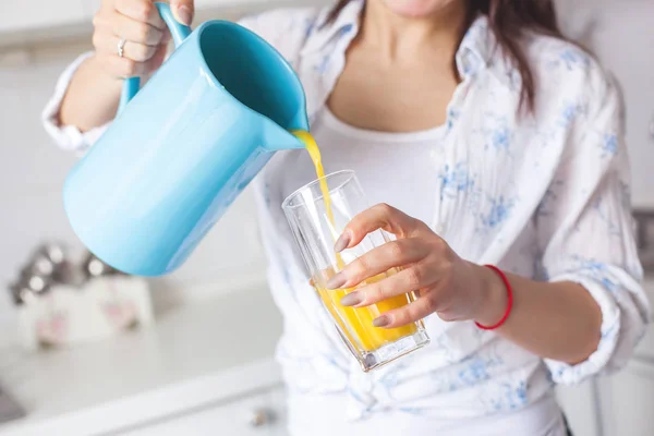 Close Portrait Young Attractive Woman Drinking Fresh Juice — Stock Photo, Image